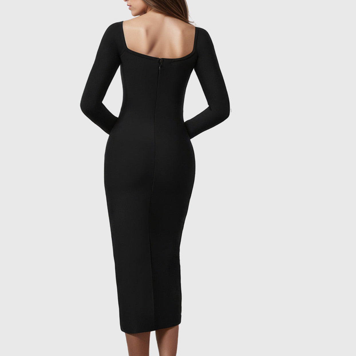 BLACK CUT OUT NECK MIDI DRESS with RHINESTONES