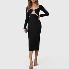 BLACK CUT OUT NECK MIDI DRESS with RHINESTONES