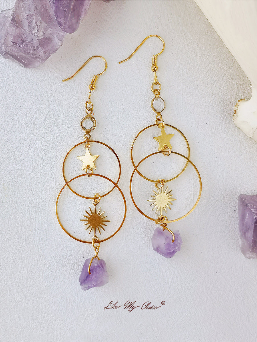 Boho Star & Sun Natural Amethyst Earrings