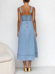 Denim Suspender Casual Button Midi Dress