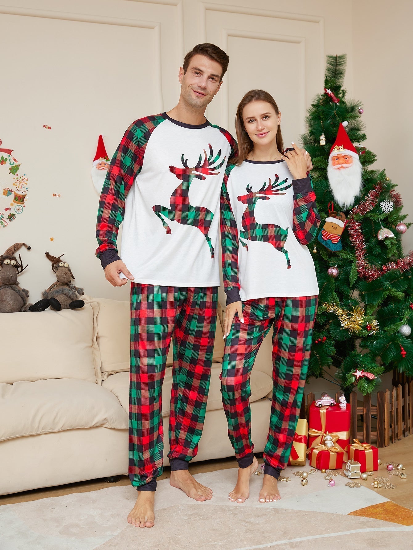 Christmas Checkered Deer Fmalily Matching Pajamas Sets (with Pet's)