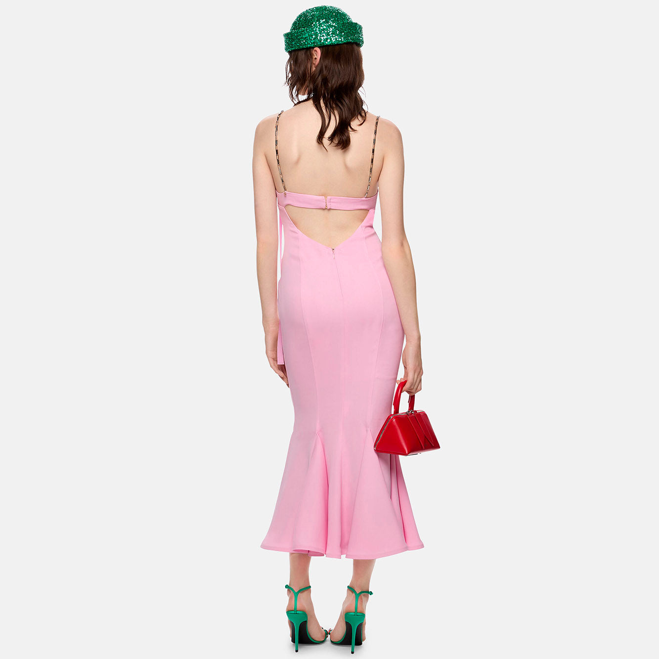 ARINNA PINK FRILLED BOTTOM BODYCON MIDI DRESS