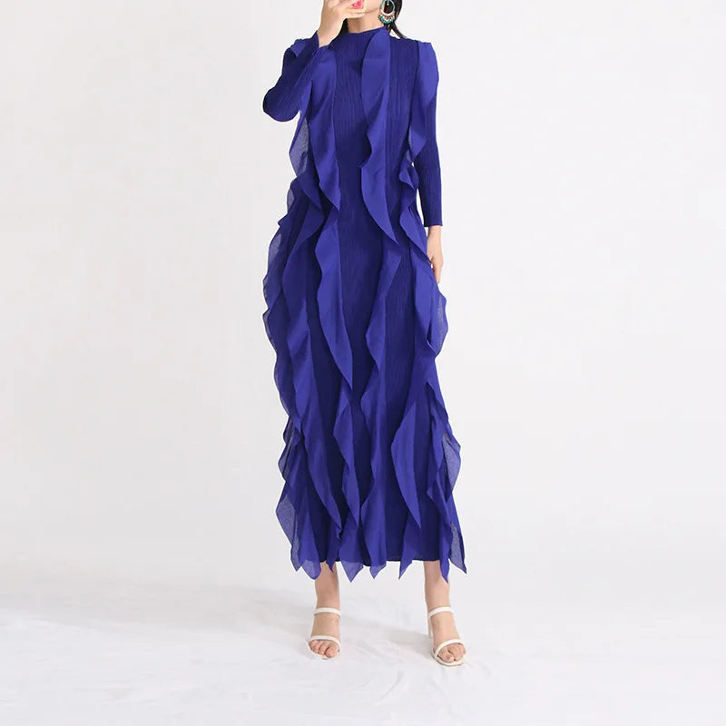 BLUE LONG SLEEVE MAXI DRESS with RUFFLES