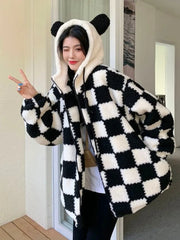 Checkered Jacket - Bear Ears Zip-Up for Women