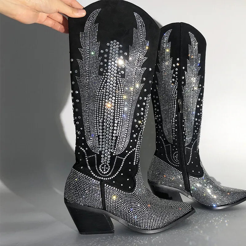 Black Knee High Rhinestone Cowboy Boots