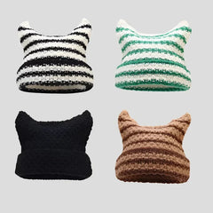 Knit Striped Beanie: Cozy Headwear Cute Cat Ears Essential