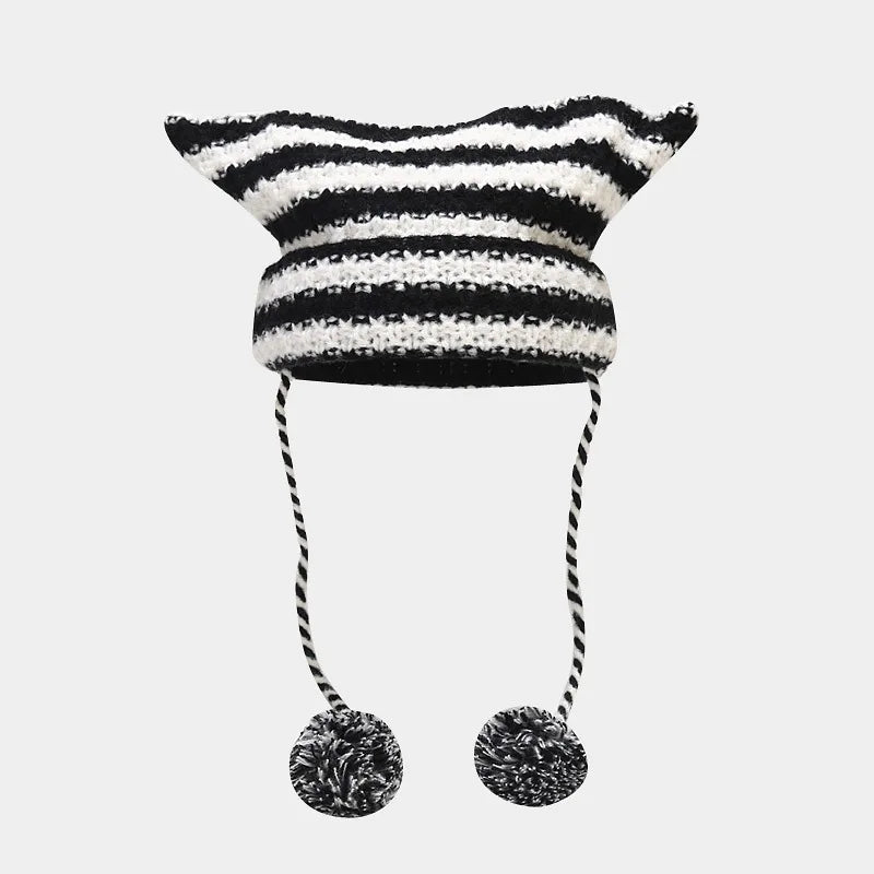 Knit Striped Beanie: Cozy Headwear Cute Cat Ears Essential