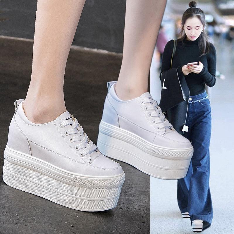 12cm Leather Vulcanized Sneakers for Women