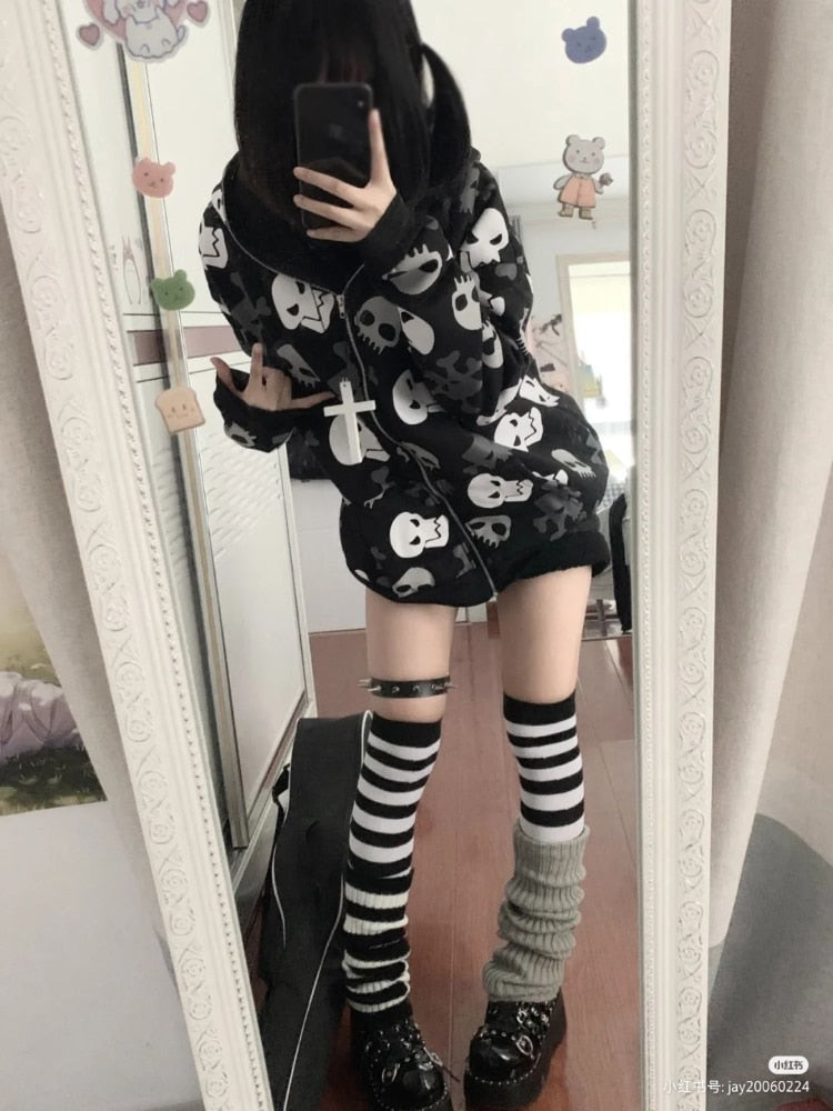 Skull Zip up Hoodie for Women