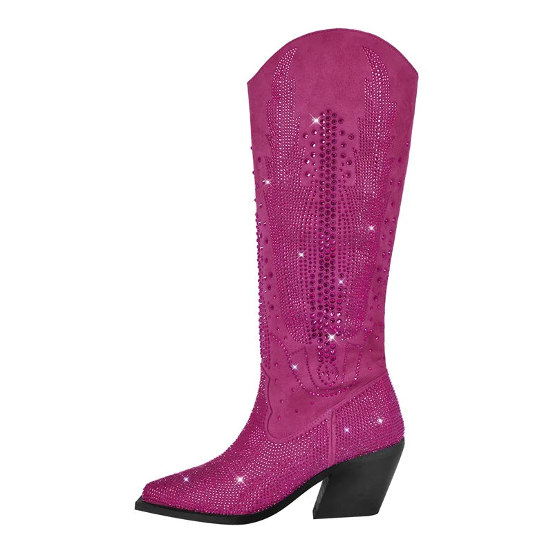 Black Knee High Rhinestone Cowboy Boots