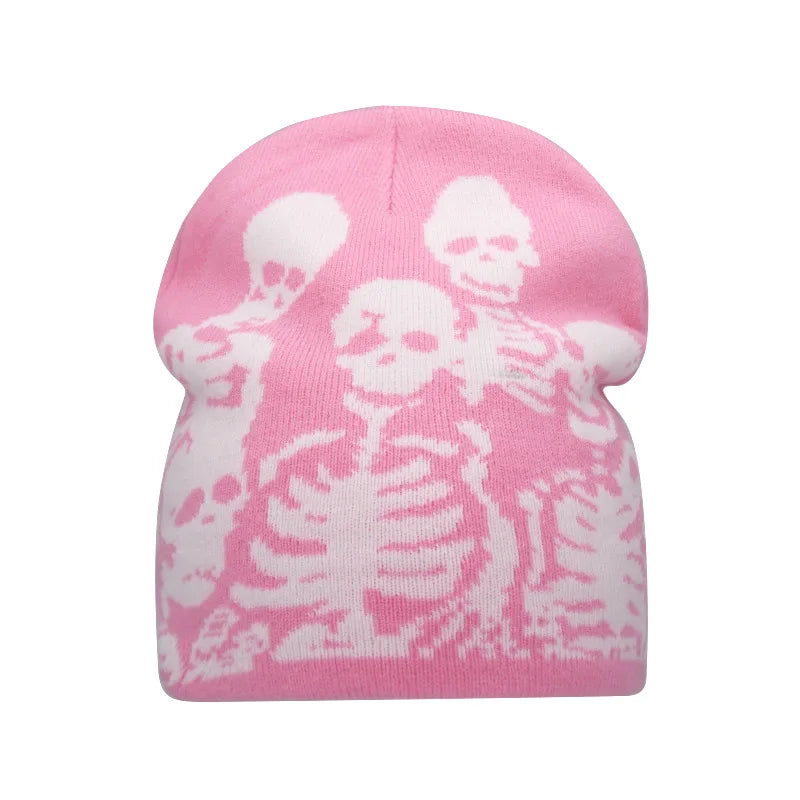 Y2K Skull Print Knitted Beanies: Unisex Winter Warmth