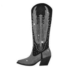 Black Knee High Rhinestone Cowboy Boots