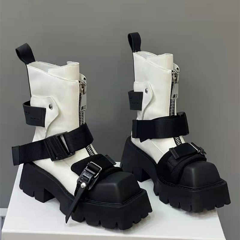 Belt Buckle Zipper Mid Calf Boots for Women