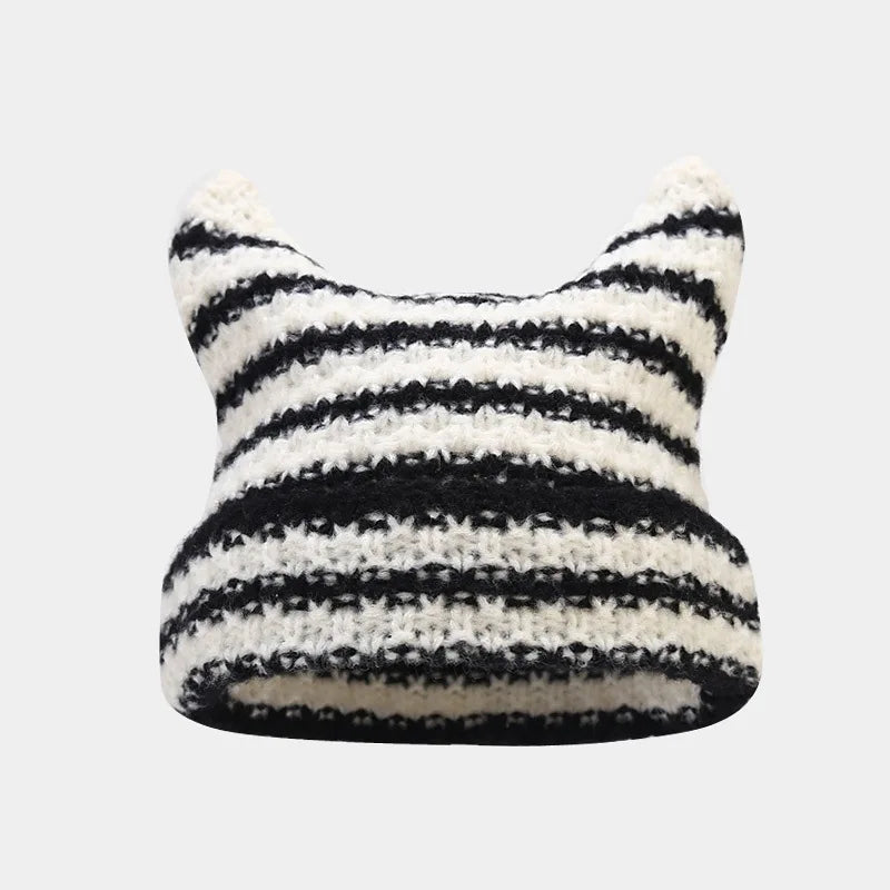 Knit Striped Beanie: Cozy Headwear Cute Cat Ears Essential