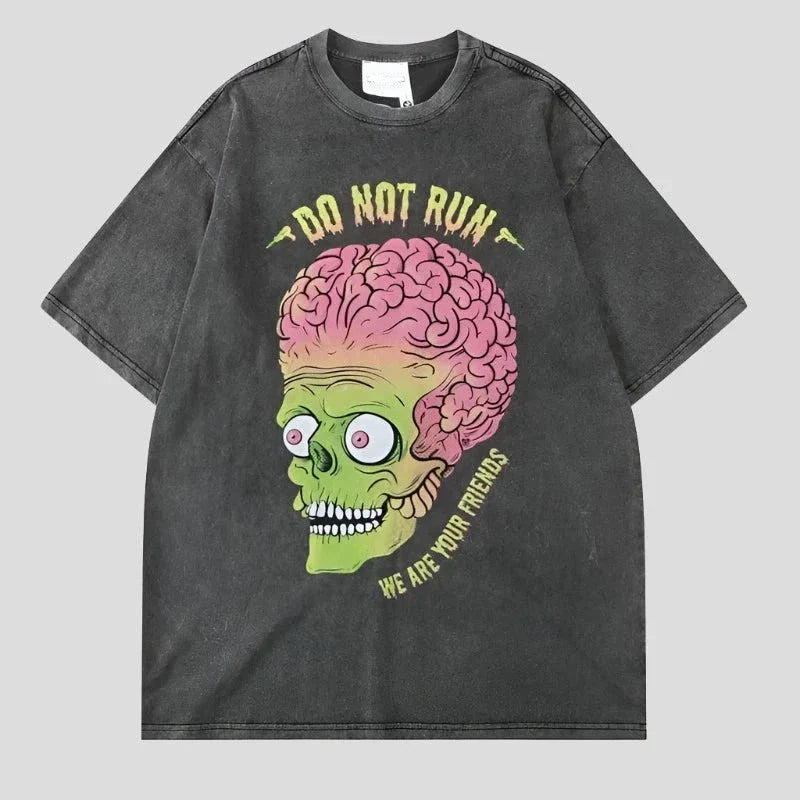 Zombie Skull Men's Washed Streetwear Graphic Tees