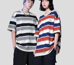 Loose Contrast Color Striped T Shirt