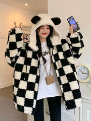 Checkered Jacket - Bear Ears Zip-Up for Women