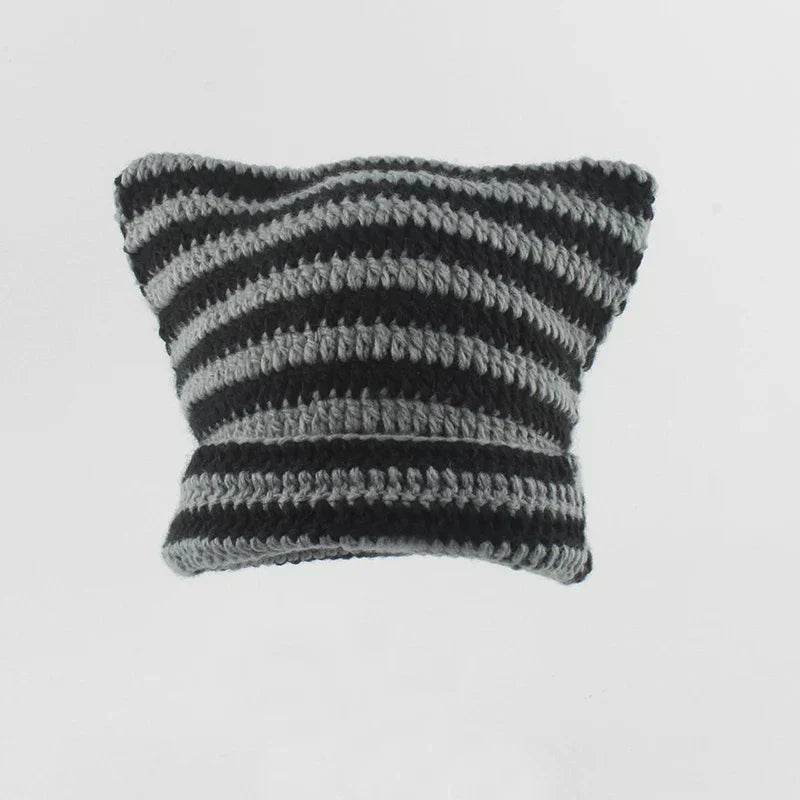 Knit Striped Beanie: Cozy Headwear Cute Cat Ears Essential