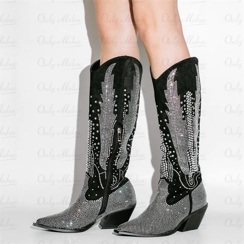 Black Knee High Rhinestone Cowboy Boots