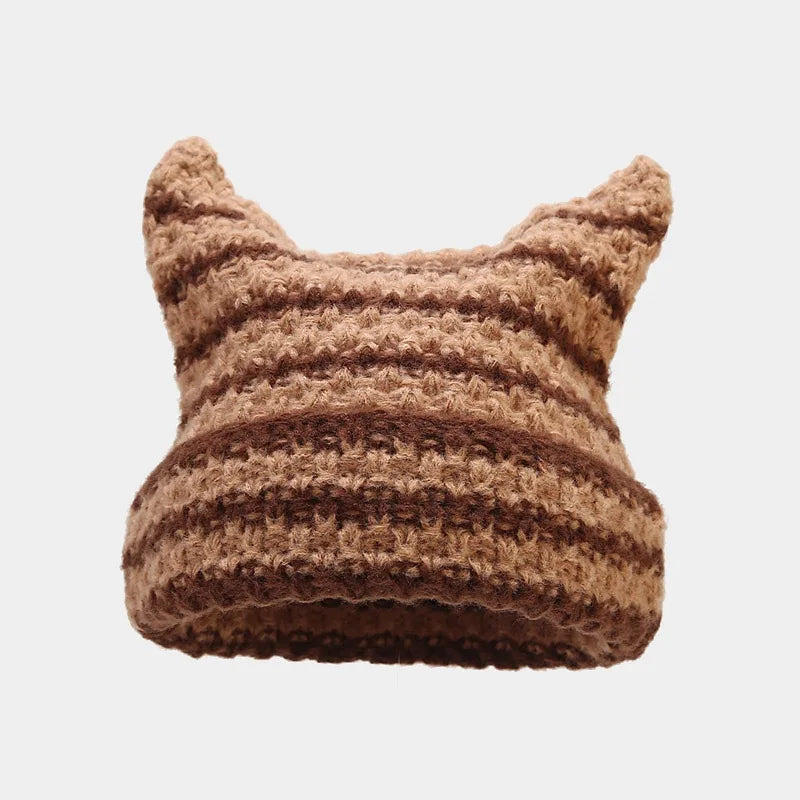 Knit Striped Beanie: Cozy Headwear Cute Cat Ears Essential