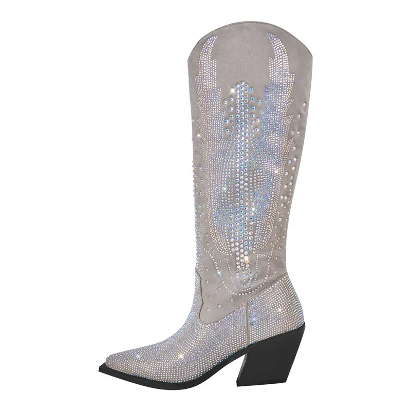 Black Knee High Rhinestone Cowboy Boots