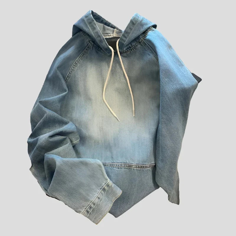 Big Pocket Raglan Sleeve Unisex Vintage Denim Hoodie