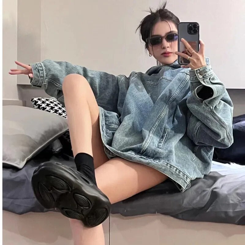 Y2K Women's Loose Denim Hoodies Sweatshirt