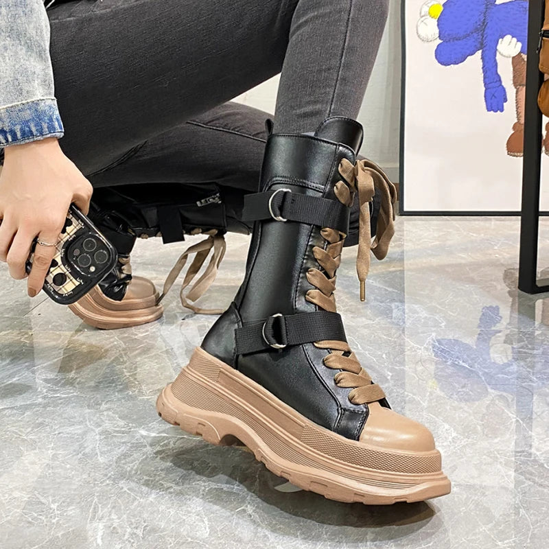 Platform Boots PU Leather Mid-Calf Combat for Women