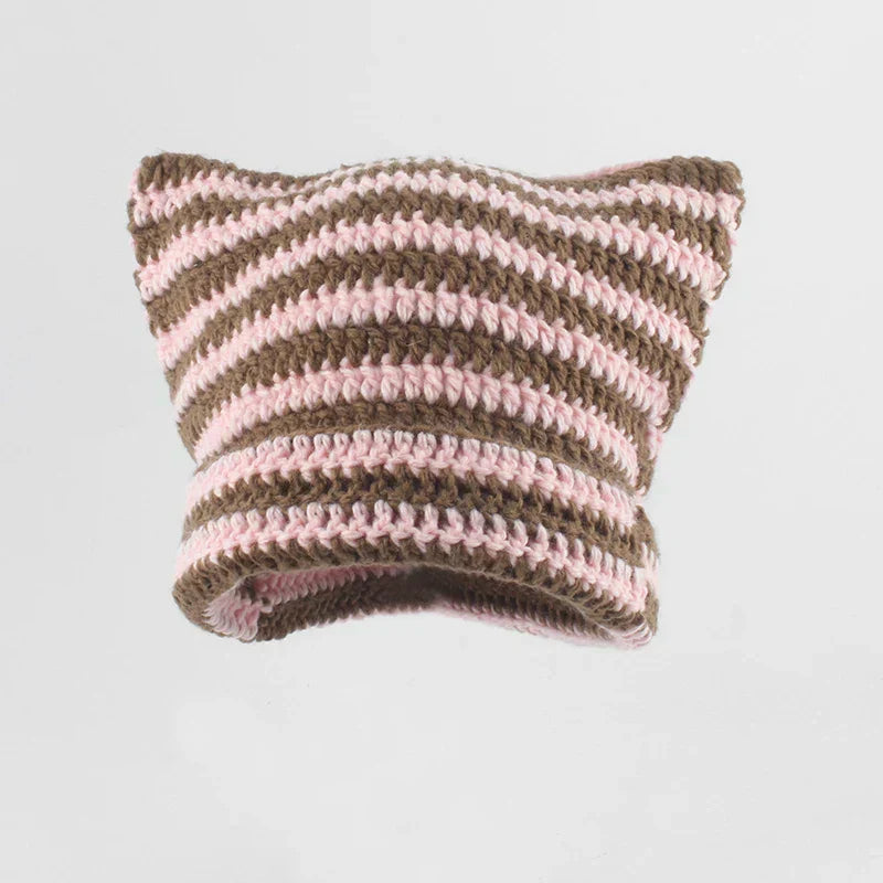 Knit Striped Beanie: Cozy Headwear Cute Cat Ears Essential