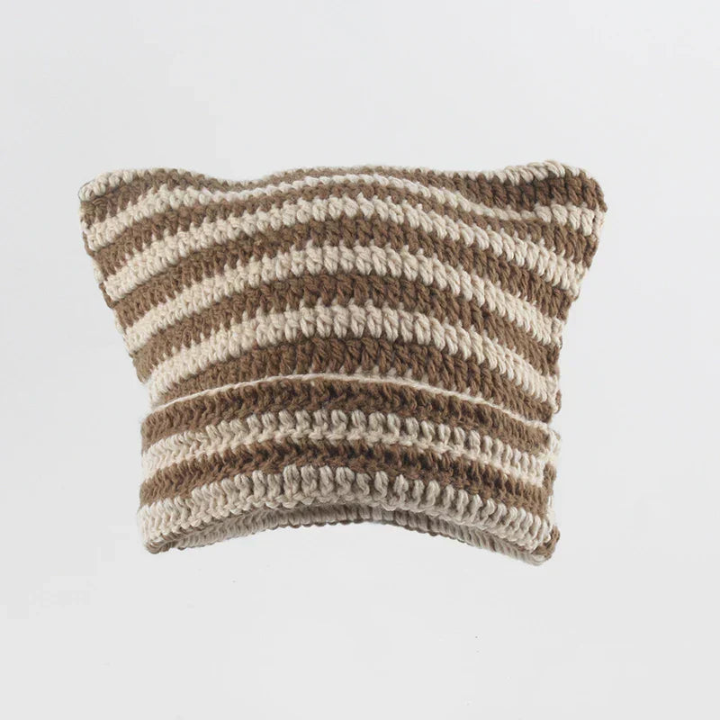 Knit Striped Beanie: Cozy Headwear Cute Cat Ears Essential