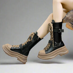 Platform Boots PU Leather Mid-Calf Combat for Women