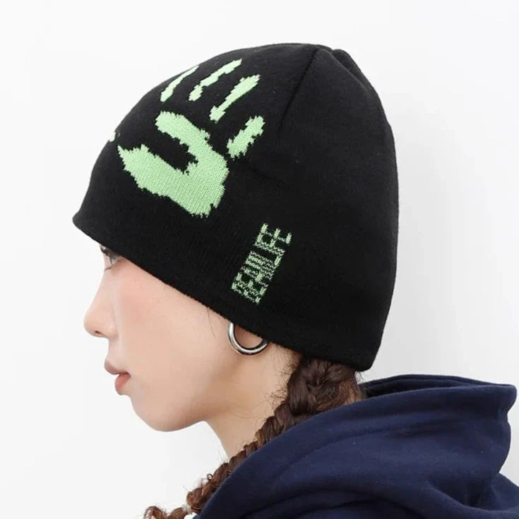 Hands Graphic Print Knit Beanie: Y2K Streetwear Aesthetic