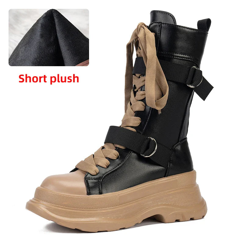 Platform Boots PU Leather Mid-Calf Combat for Women