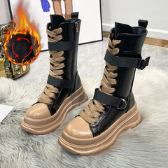 Platform Boots PU Leather Mid-Calf Combat for Women