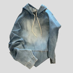 Big Pocket Raglan Sleeve Unisex Vintage Denim Hoodie