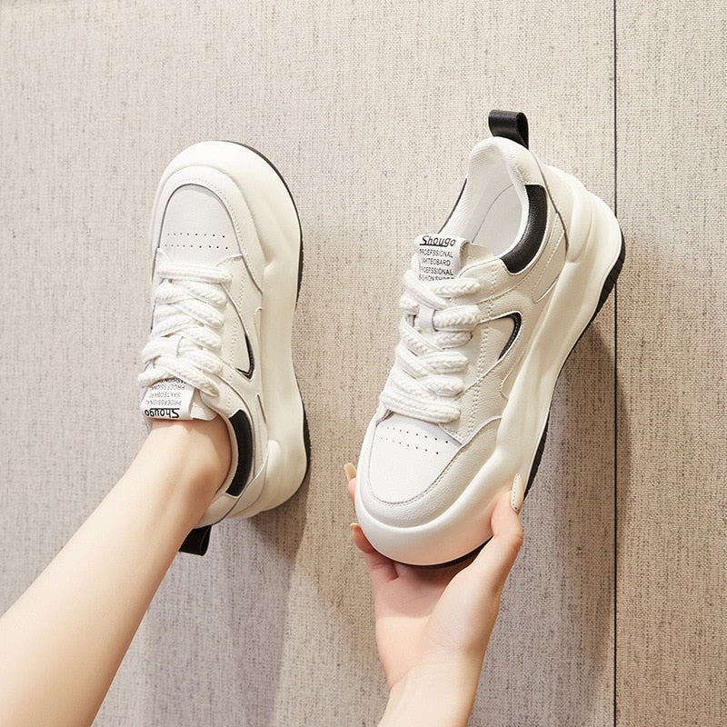 Stylish Women's White Leather Chunky Trainers with 6cm Heel