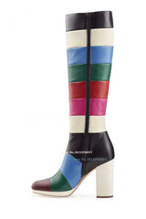 Block Heel Patchwork Knee High Boots