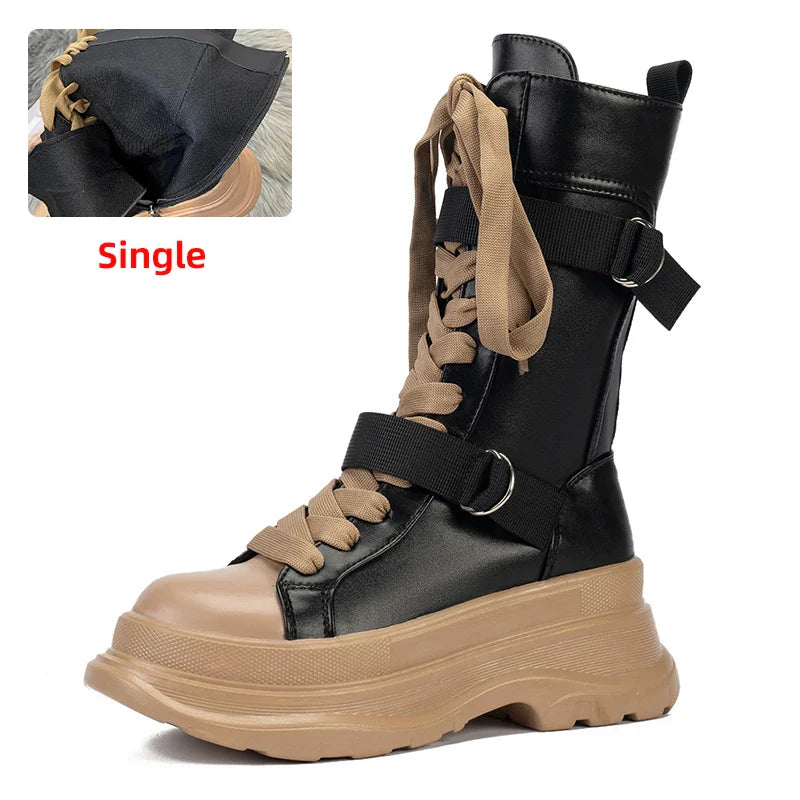 Platform Boots PU Leather Mid-Calf Combat for Women