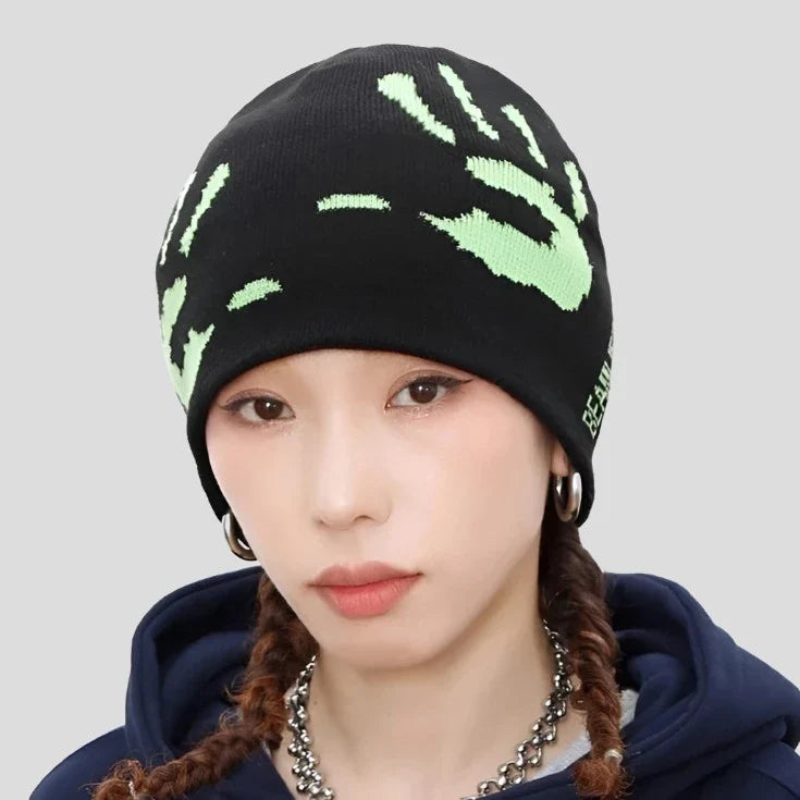 Hands Graphic Print Knit Beanie: Y2K Streetwear Aesthetic