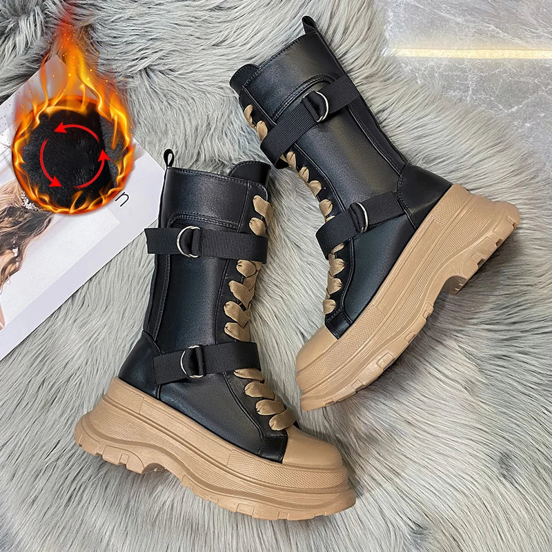 Platform Boots PU Leather Mid-Calf Combat for Women