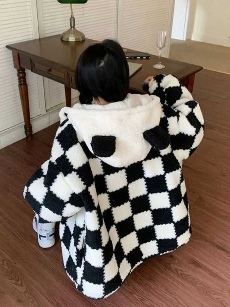 Checkered Jacket - Bear Ears Zip-Up for Women