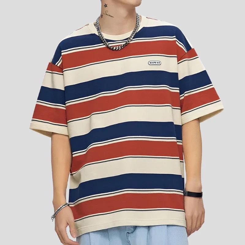 Loose Contrast Color Striped T Shirt