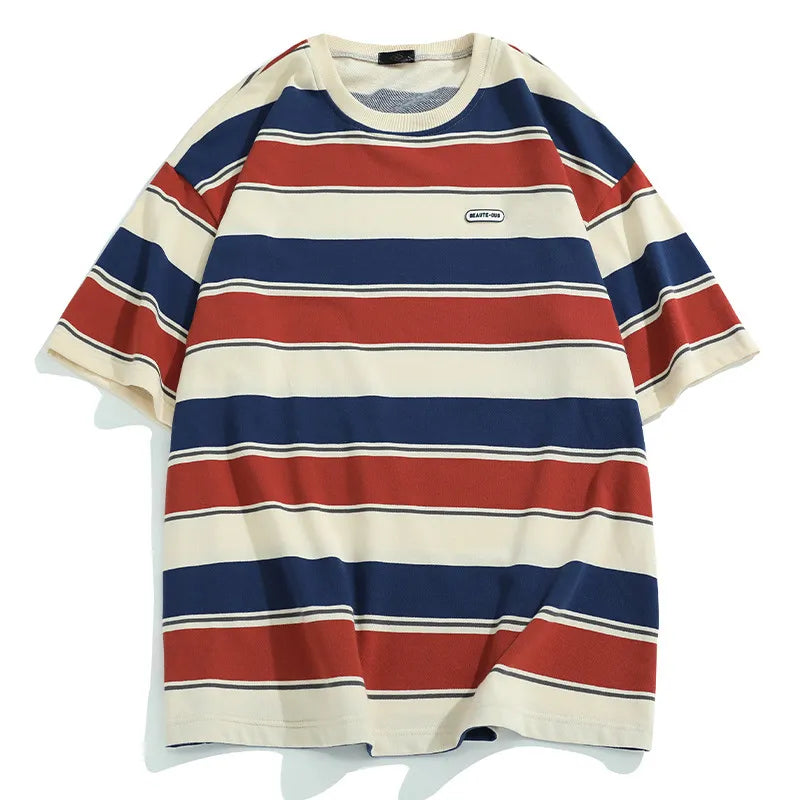 Loose Contrast Color Striped T Shirt