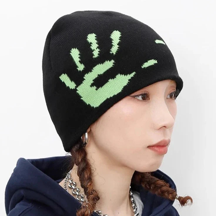 Hands Graphic Print Knit Beanie: Y2K Streetwear Aesthetic