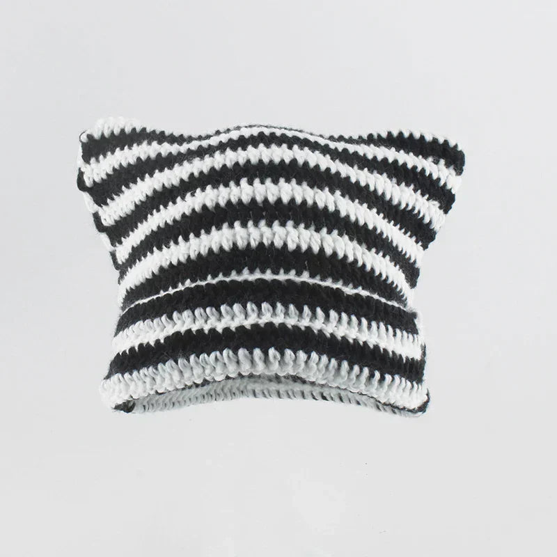 Knit Striped Beanie: Cozy Headwear Cute Cat Ears Essential