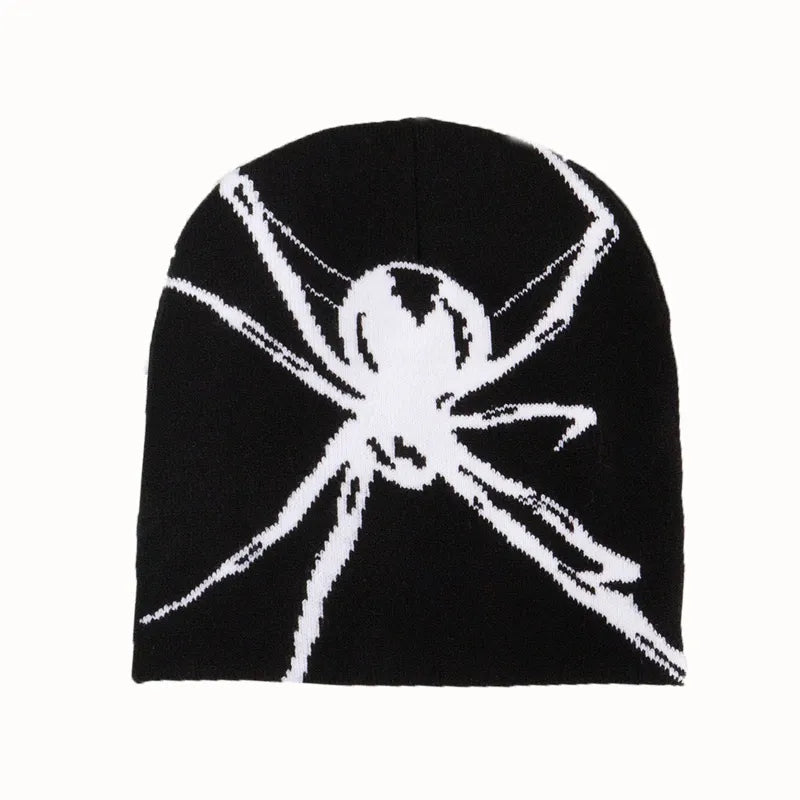 Spider Print Knit Beanie: Y2K Fashion Wool Cap