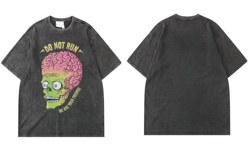 Zombie Skull Men's Washed Streetwear Graphic Tees