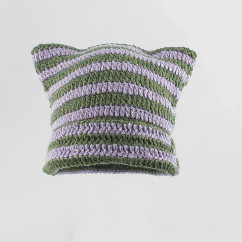 Knit Striped Beanie: Cozy Headwear Cute Cat Ears Essential