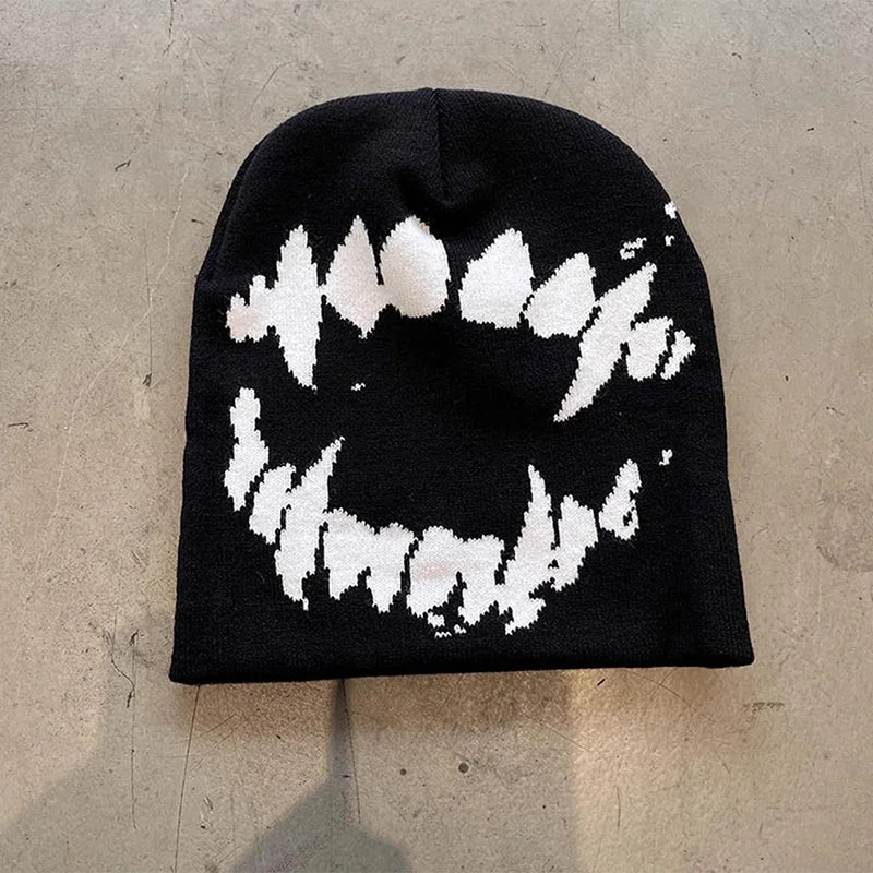 Goth Beanie Hat: Tooth Knitted Y2K Streetwear