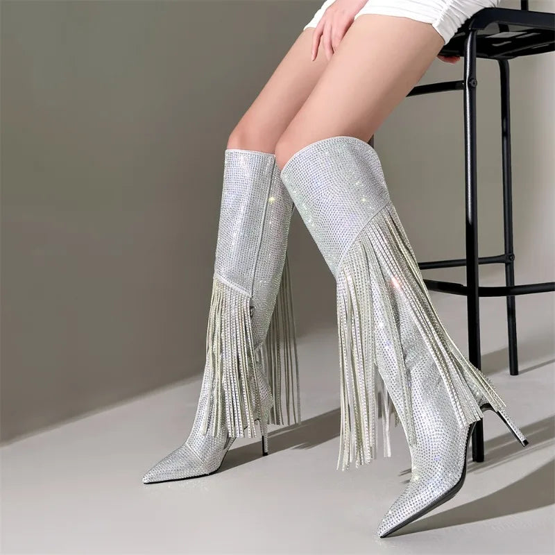 Tassel Adorned, High Heel Rhinestone Boots